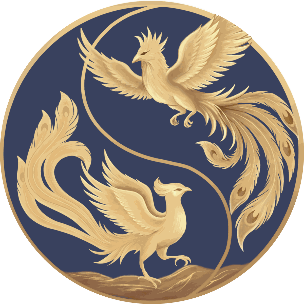 Dos fénix dorados enlazados en forma de yin y yang, rodeados de un halo de luz.