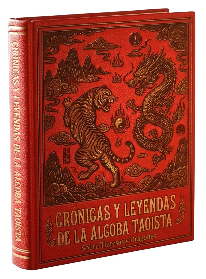 Tapa de Crónicas y Leyendas de la Alcoba Taoísta: un tigre y un dragón grabados en rojo y dorado.